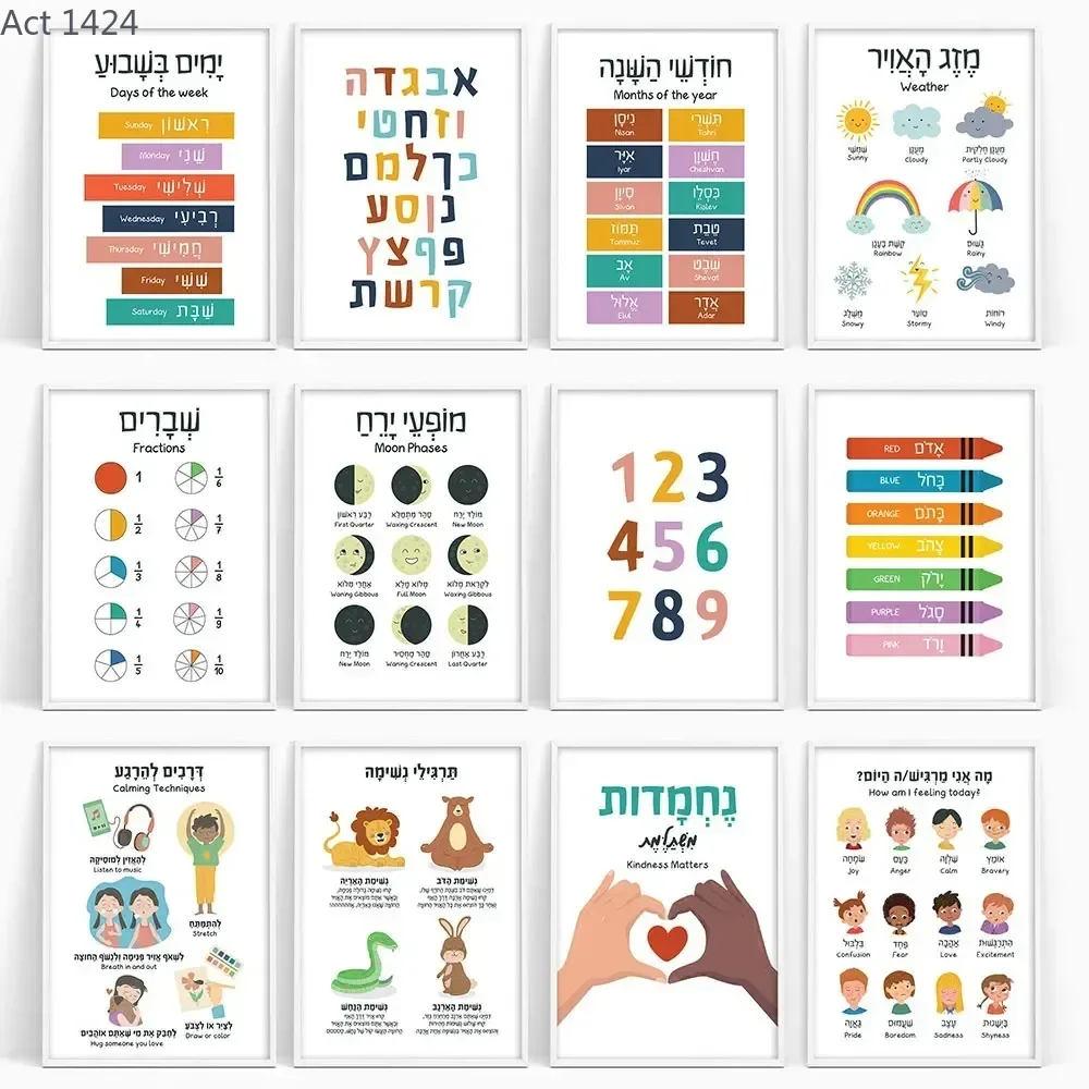 Kids Education Alphabet Numbers - Canvas Painting Hebrew English Educational Posters