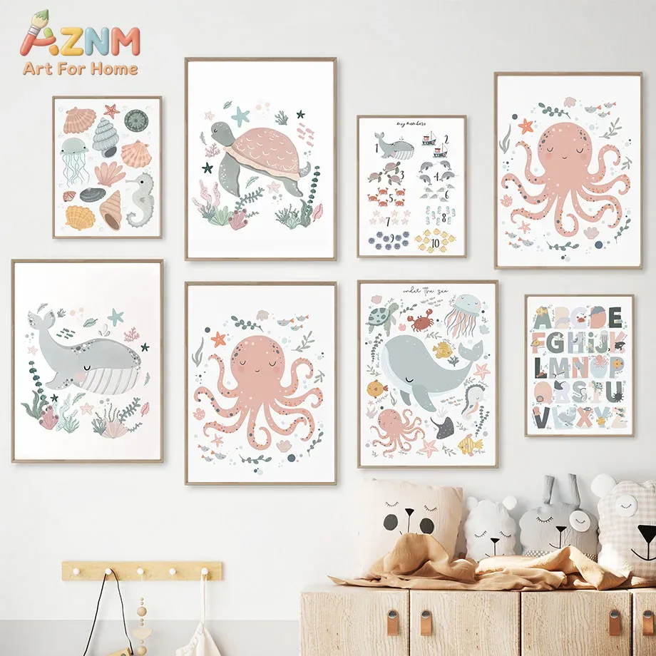Kids Education Alphabet Numbers - AZNM Nursery Sea Animal Canvas Wall