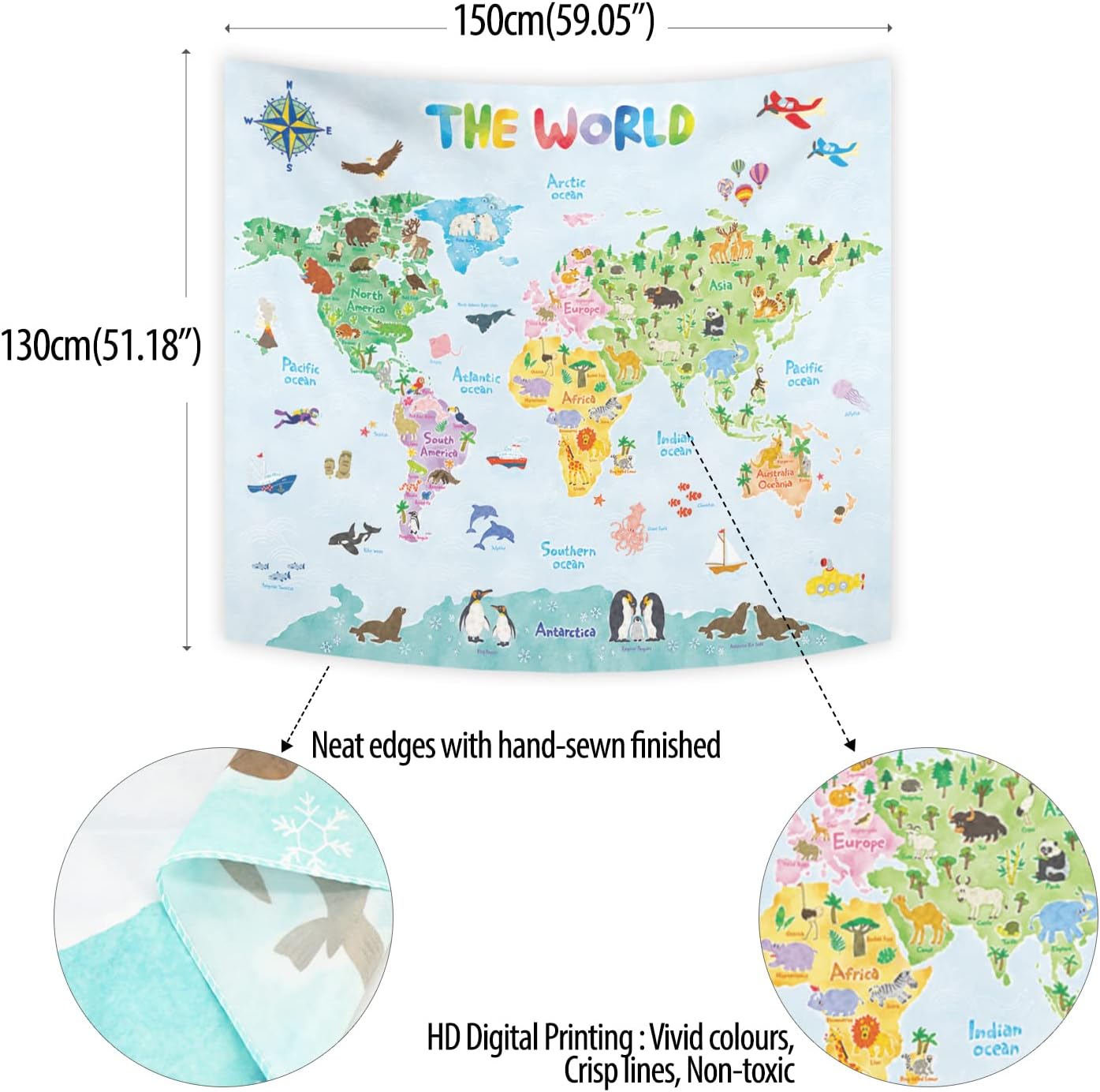 Kids World Map Wall Tapestry E - Kids Education World 评论和价格