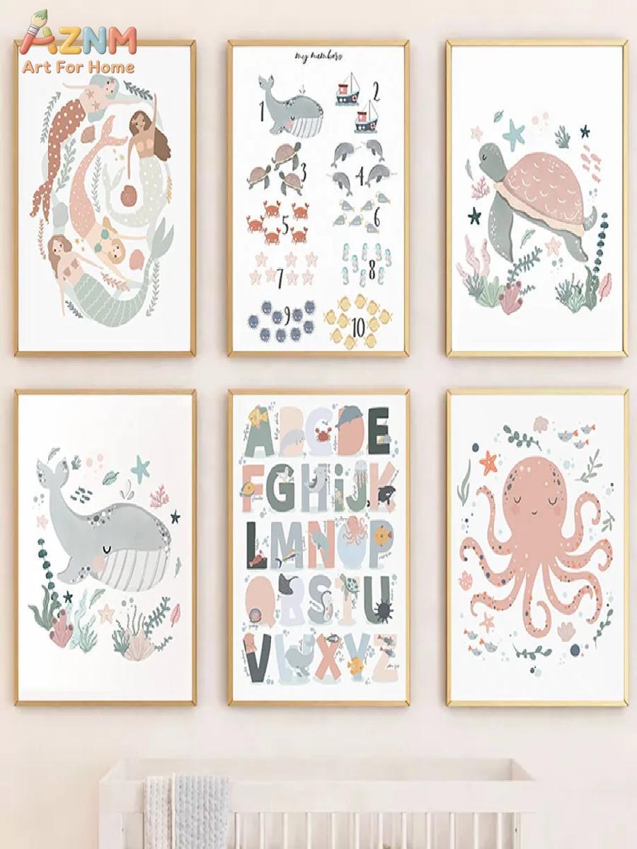 AZNM Nursery Sea Animal Canvas - Kids Education Alphabet Numbers 评论和价格